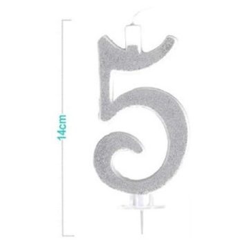 SZÁMGYERTYA "5" EZÜSTPOROS 14CM