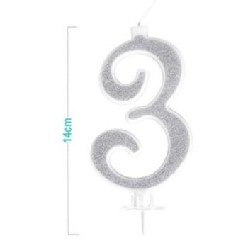 SZÁMGYERTYA "3" EZÜSTPOROS 14CM