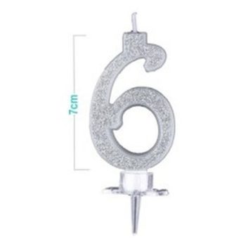 SZÁMGYERTYA "6" EZÜSTPOROS 9CM