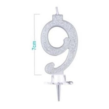 SZÁMGYERTYA "9" EZÜSTPOROS 9CM