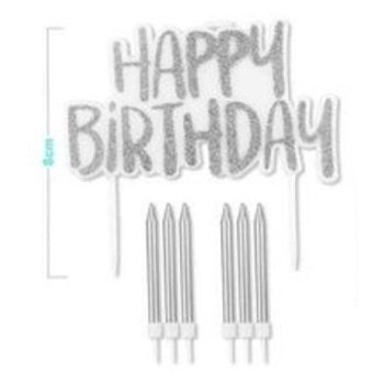 SZÜLINAPI GYERTYA 7DB 8CM  HAPPY BIRTHDAY" EZÜST
