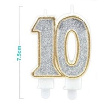 SZÁMGYERTYA "10" 7,5CM ARANY SZÉLŰ EZÜSTPOROS