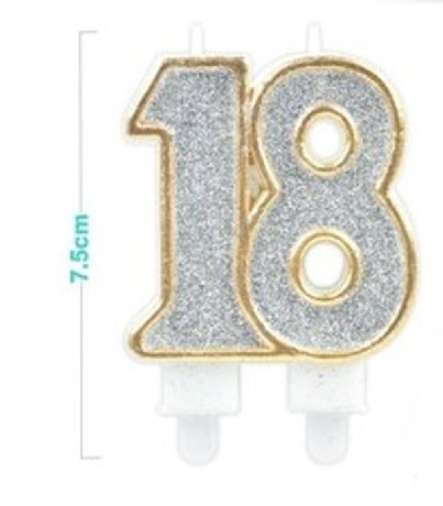 SZÁMGYERTYA "18" 7,5CM ARANY SZÉLŰ EZÜSTPOROS