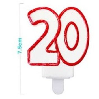SZÁMGYERTYA "20" 7,5CM FEHÉR/PIROS SZÉLŰ