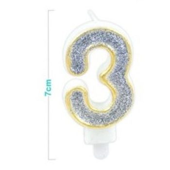SZÁMGYERTYA "3" 7CM ARANY SZÉLŰ EZÜSTPOROS