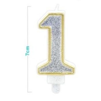 SZÁMGYERTYA "1" 7CM ARANY SZÉLŰ EZÜSTPOROS