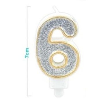 SZÁMGYERTYA "6" 7CM ARANY SZÉLŰ EZÜSTPOROS