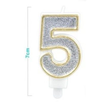 SZÁMGYERTYA "5" 7CM ARANY SZÉLŰ EZÜSTPOROS