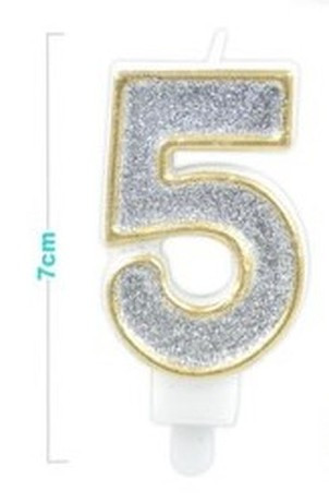 SZÁMGYERTYA "5" 7CM ARANY SZÉLŰ EZÜSTPOROS