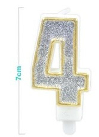 SZÁMGYERTYA "4" 7CM ARANY SZÉLŰ EZÜSTPOROS