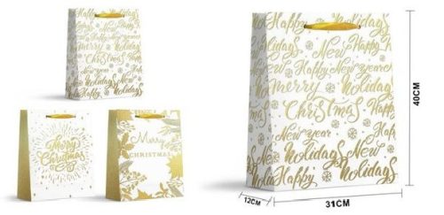 KARÁCSONYI AJÁNDÉKTÁSKA 31X40X12CM FEHÉR ARANY