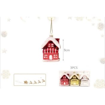 KARÁCSONYI DÍSZ "HÁZ" 9CM 3DB