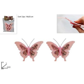   KARÁCSONYI DÍSZ PILLANGÓ CSIPTETŐS RÓZSASZÍN 2DB-OS 18X23CM