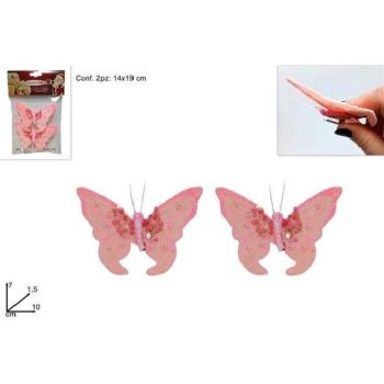   KARÁCSONYI DÍSZ PILLANGÓ CSIPTETŐS RÓZSASZÍN 2DB-OS 14X19CM