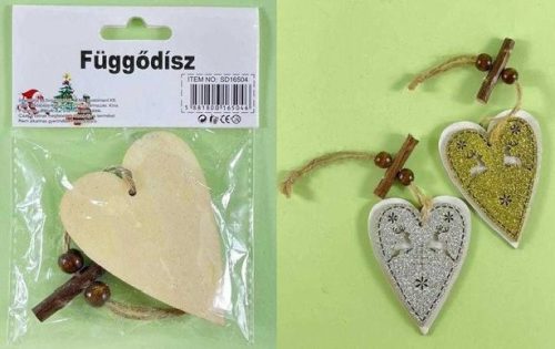 KARÁCSONYI FÜGGŐDÍSZ KÉTRÉTEGŰ SZÍV ARANY ÉS EZŰST SZARVAS 8CM