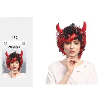   PARÓKA VÖRÖS, RÖVID, GÖNDÖR , ÖRDÖG SZARVVAL 110G HALLOWEEN