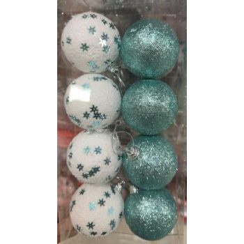 KARÁCSONYFA GÖMB DÍSZ MŰA. 6CM FEHÉR ÉS TÜRKIZ 8DB