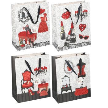   AJÁNDÉKTASAK 32X26X12CM SELYEMSZALAG FÜL 3FÉLE FEHÉR/PIROS/FEKETE CSILLÁMOS PAPÍ