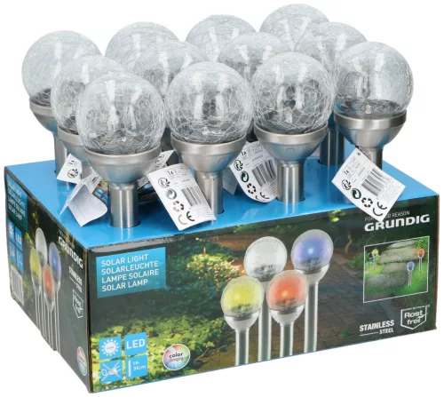 KERTI SOLAR LÁMPA LESZÚRHATÓ, ÜVEGBÚRÁS, INOX, 1 RGB LED 8X34CM 600MAH AAA