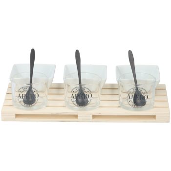   ELŐÉTEL KÍNÁLÓ 30X15X2CM 3 ÜVEG TÁLKA+3 PORCELÁN TÁLKA+3 KANÁL FA TÁLCÁN